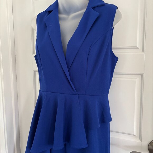 Royal Blue VNeck Collared Jumpsuit With Scallop Draped Front. Size M NEW - Picture 2 of 6